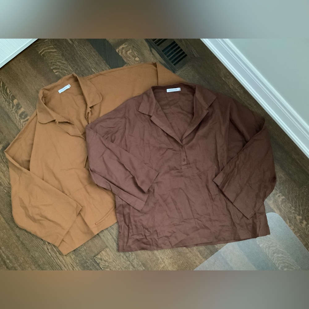 MISSLOOK Bundle X 2 Brown Linen Cotton Tunic Blouse & Tie Front Shirt SZ 2XL NEW
